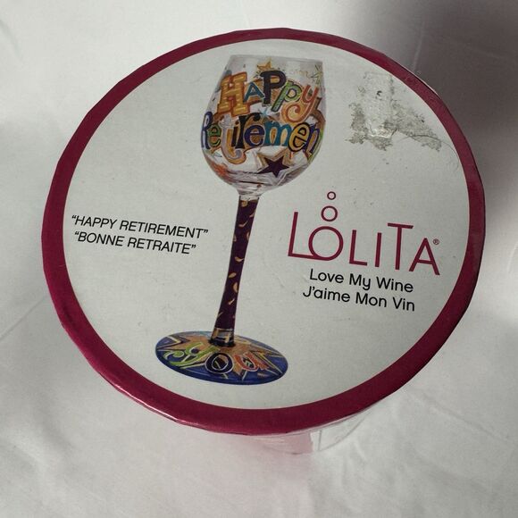 Lolita Hand Painted Wine Glass 15 oz Happy Retirement with Original Box - Picture 9 of 10